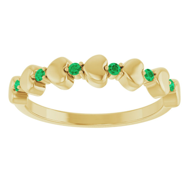 14K Gold Round Natural Emerald Accented Stackable Heart Ring - Yellow Gold - view 8