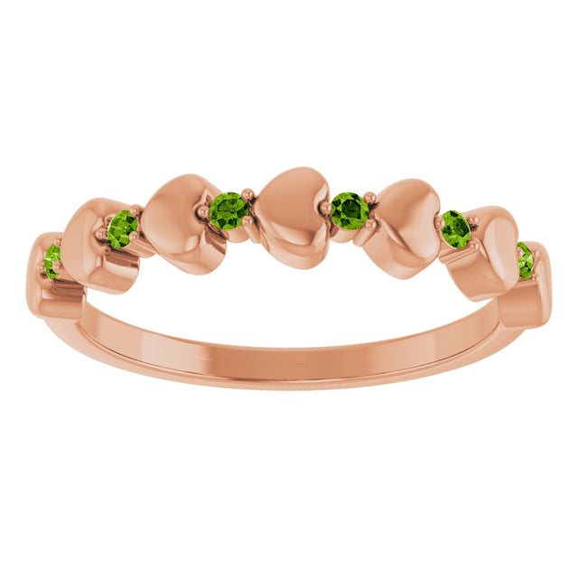 14K Gold Round Natural Peridot Accented Stackable Heart Ring - Rose Gold - view 8