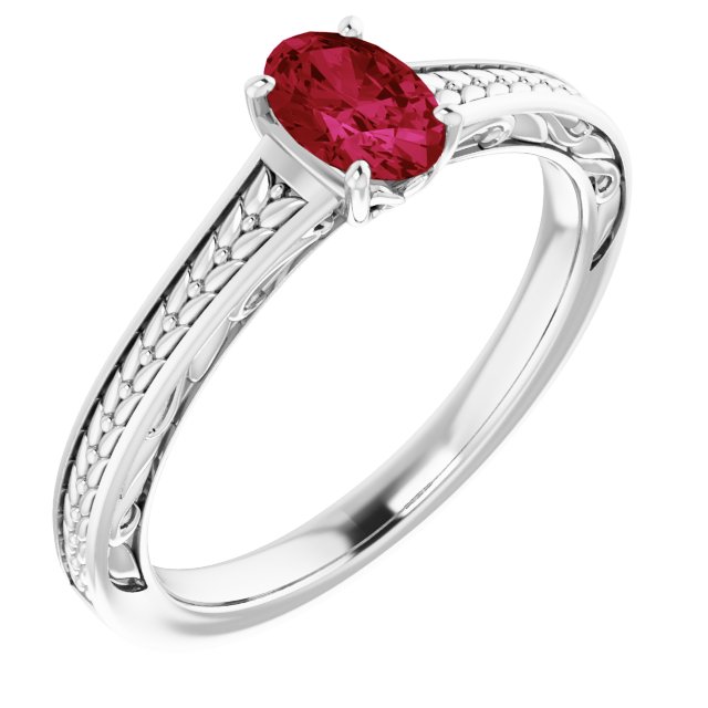 14K Gold Oval Lab-Grown Ruby Solitaire Ring – 6x4mm - White Gold