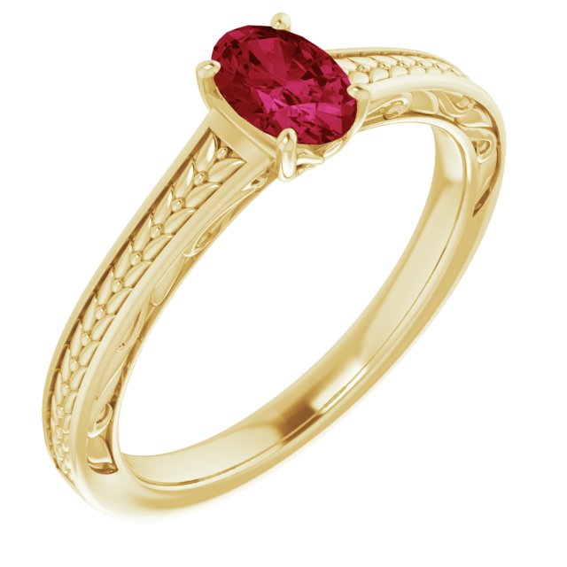 14K Gold Oval Lab-Grown Ruby Solitaire Ring – 6x4mm - Yellow Gold