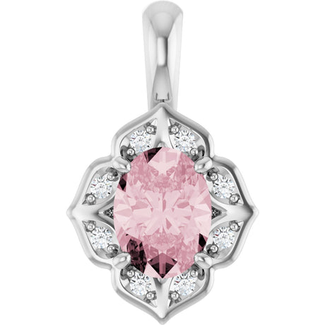 14K Gold Oval Natural Pink Morganite & Natural Diamond Halo-Style Pendant – 0.08 CTW - White Gold