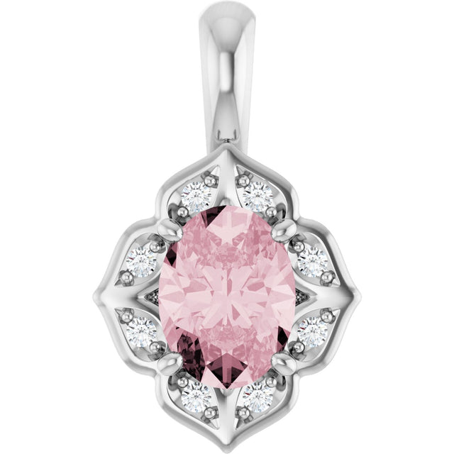 Platinum Oval Natural Pink Morganite & Natural Diamond Halo-Style Pendant – 0.08 CTW