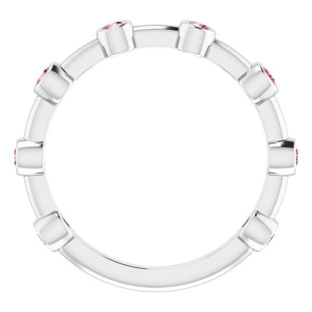 Platinum Round Natural Pink Tourmaline Bezel-Set Bar Ring - view 8
