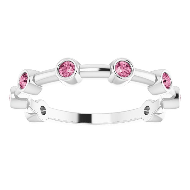 Platinum Round Natural Pink Tourmaline Bezel-Set Bar Ring - view 10
