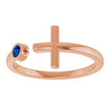 14K Gold Round Natural Blue Sapphire Negative Space Cross Ring - Rose Gold - view 8