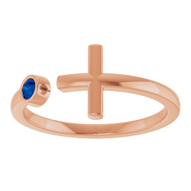 14K Gold Round Natural Blue Sapphire Negative Space Cross Ring - Rose Gold - view 8