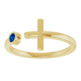 14K Gold Round Natural Blue Sapphire Negative Space Cross Ring - Yellow Gold - view 8