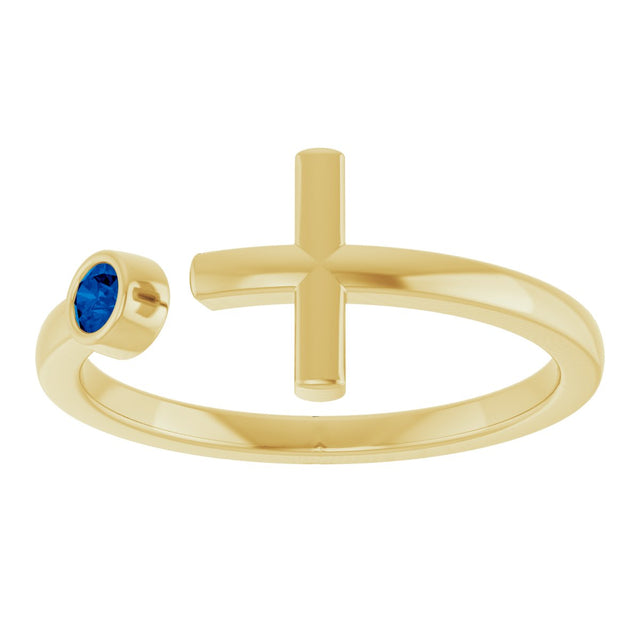 14K Gold Round Natural Blue Sapphire Negative Space Cross Ring - Yellow Gold - view 8
