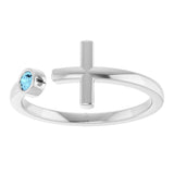 14K Gold Round Natural Aquamarine Negative Space Cross Ring - White Gold - view 8