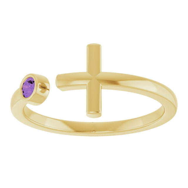 14K Gold Round Natural Amethyst Negative Space Cross Ring - Yellow Gold - view 8
