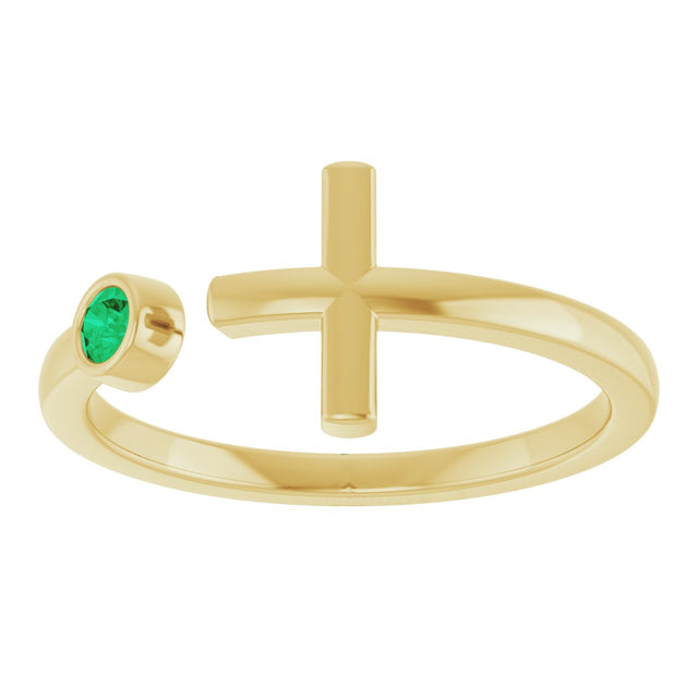 14K Gold Round Lab-Grown Emerald Negative Space Cross Ring - Yellow Gold - view 8