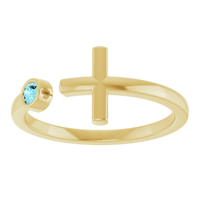 14K Gold Round Natural Blue Zircon Negative Space Cross Ring - Yellow Gold - view 8
