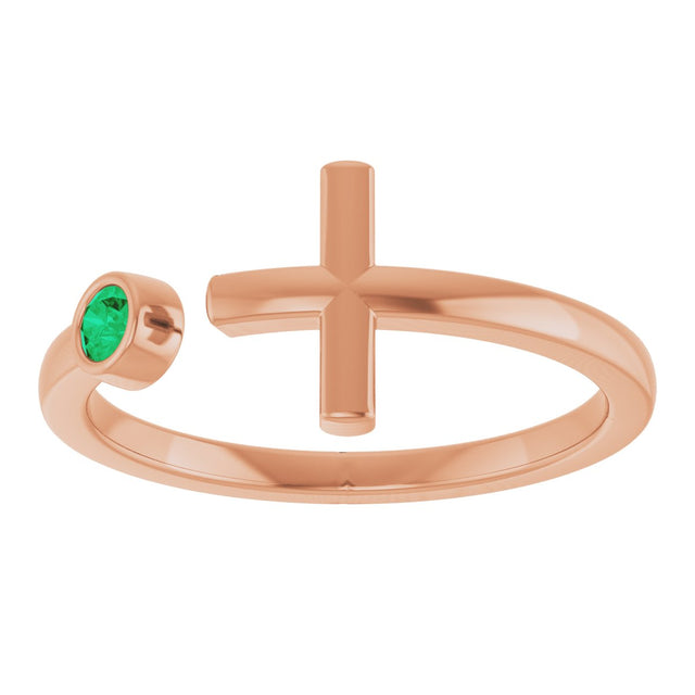 14K Gold Round Lab-Grown Emerald Negative Space Cross Ring - Rose Gold - view 8