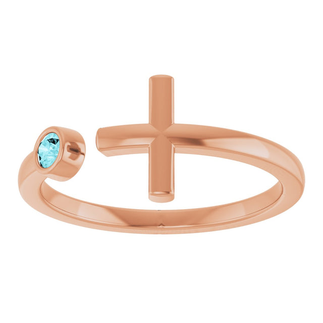 14K Gold Round Natural Blue Zircon Negative Space Cross Ring - Rose Gold - view 8