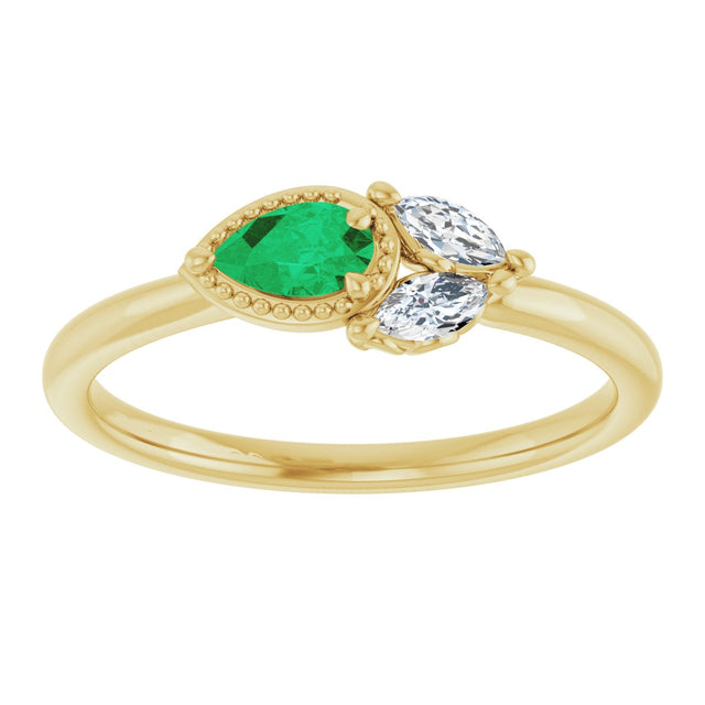 14K Gold Pear Lab-Grown Emerald Accented Ring - Yellow Gold - view 8