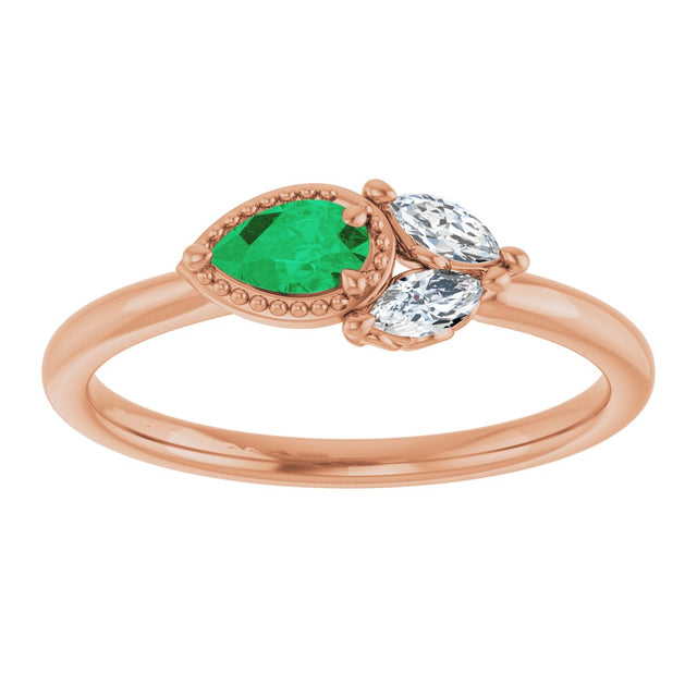 14K Gold Pear Lab-Grown Emerald Accented Ring - Rose Gold - view 8
