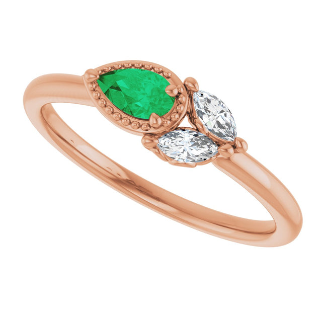 14K Gold Pear Natural Emerald Accented Ring - Rose Gold - view 10