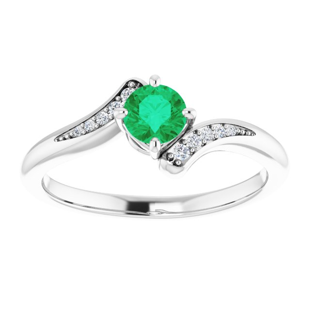 14K Gold Round Natural Emerald & Natural Diamond Accented Bypass Ring - White Gold - view 3