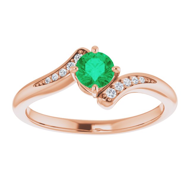 14K Gold Round Natural Emerald & Natural Diamond Accented Bypass Ring - Rose Gold - view 3