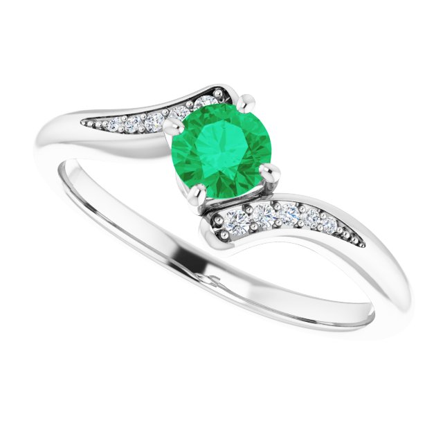 14K Gold Round Natural Emerald & Natural Diamond Accented Bypass Ring - White Gold - view 5