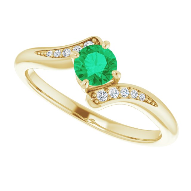14K Gold Round Natural Emerald & Natural Diamond Accented Bypass Ring - Yellow Gold - view 5
