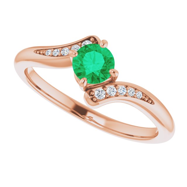 14K Gold Round Natural Emerald & Natural Diamond Accented Bypass Ring - Rose Gold - view 5