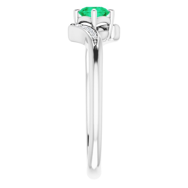 14K Gold Round Natural Emerald & Natural Diamond Accented Bypass Ring - White Gold - view 4