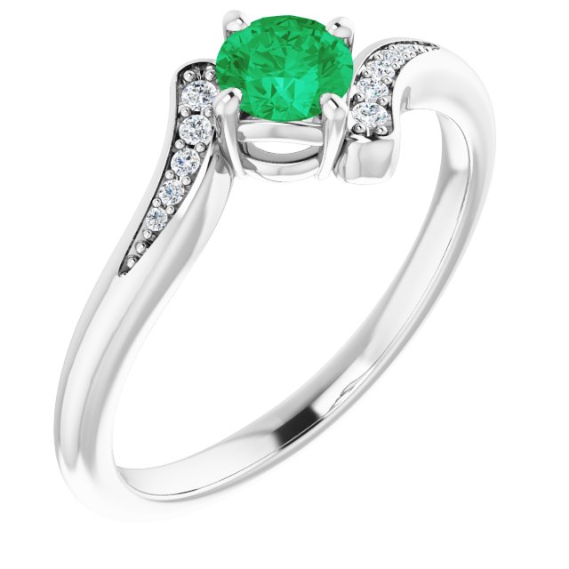 Platinum Round Natural Emerald & Natural Diamond Accented Bypass Ring
