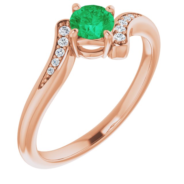 14K Gold Round Natural Emerald & Natural Diamond Accented Bypass Ring - Rose Gold