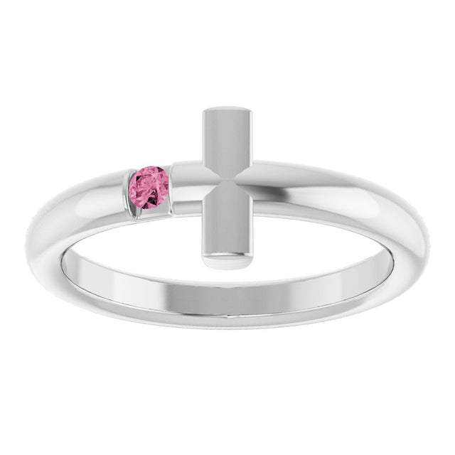 14K Gold Round Natural Pink Tourmaline Sideways Cross Ring - White Gold - view 8