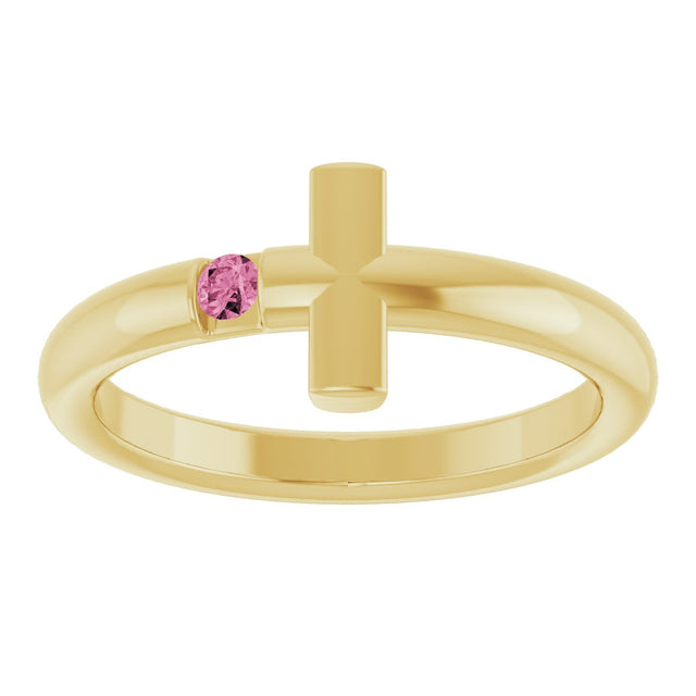 14K Gold Round Natural Pink Tourmaline Sideways Cross Ring - Yellow Gold - view 8