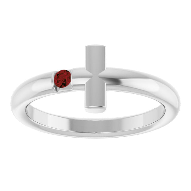 14K Gold Round Natural Mozambique Garnet Sideways Cross Ring - White Gold - view 8