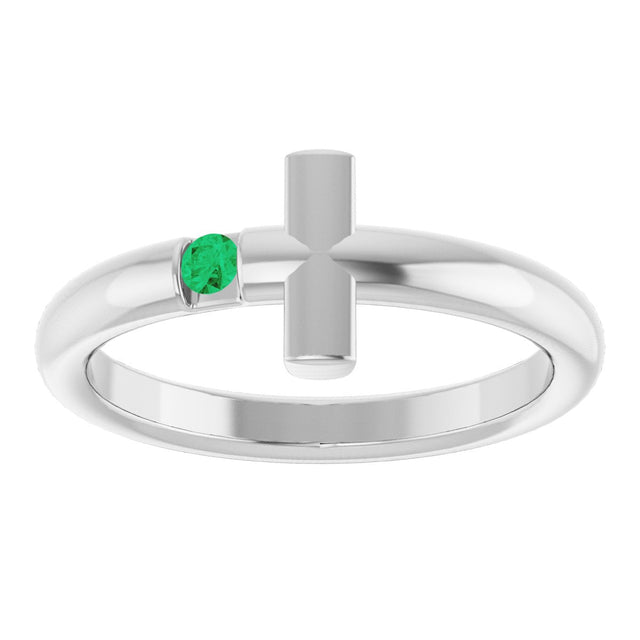 Platinum Round Natural Emerald Sideways Cross Ring - view 8