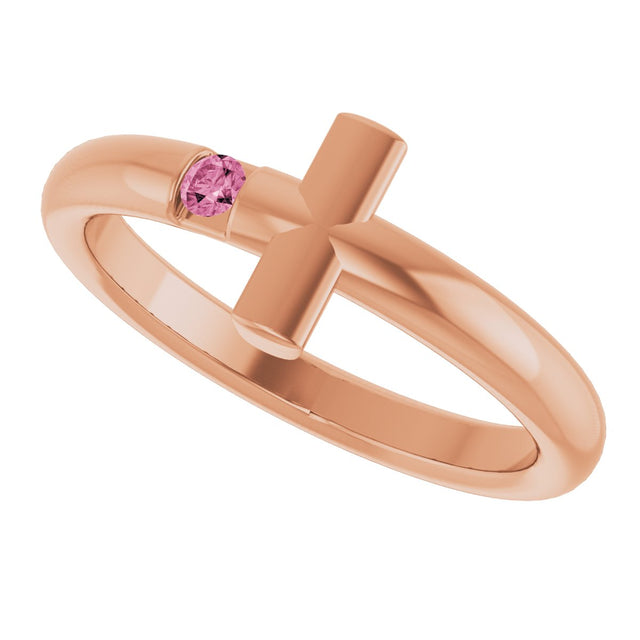 14K Gold Round Natural Pink Tourmaline Sideways Cross Ring - Rose Gold - view 10