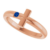 14K Gold Round Natural Blue Sapphire Sideways Cross Ring - Rose Gold - view 10