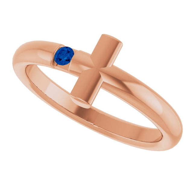 14K Gold Round Natural Blue Sapphire Sideways Cross Ring - Rose Gold - view 10