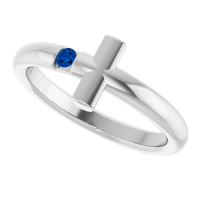 14K Gold Round Natural Blue Sapphire Sideways Cross Ring - White Gold - view 10