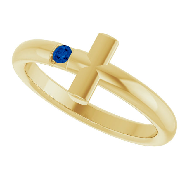 14K Gold Round Natural Blue Sapphire Sideways Cross Ring - Yellow Gold - view 10