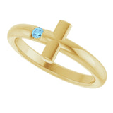 14K Gold Round Natural Aquamarine Sideways Cross Ring - Yellow Gold - view 10