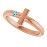 14K Gold Round Natural Aquamarine Sideways Cross Ring - Rose Gold - view 10