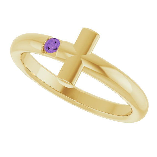 14K Gold Round Natural Amethyst Sideways Cross Ring - Yellow Gold - view 10