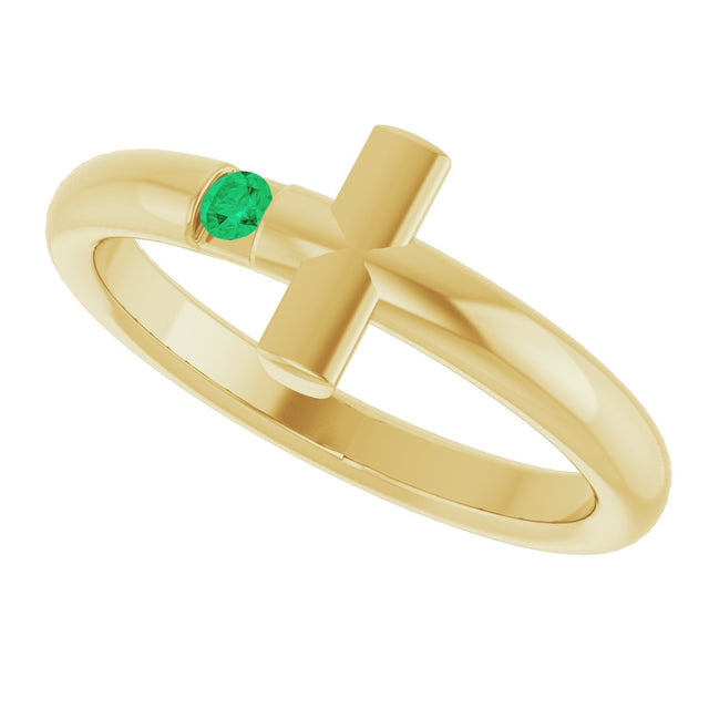 14K Gold Round Natural Emerald Sideways Cross Ring - Yellow Gold - view 10