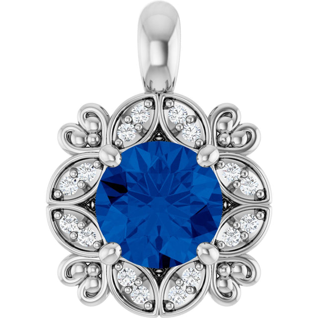 14K Gold Round Natural Blue Sapphire & Natural Diamond Halo-Style Pendant – 0.04 CTW - White Gold