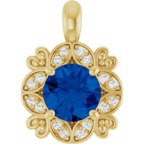 14K Gold Round Natural Blue Sapphire & Natural Diamond Halo-Style Pendant – 0.04 CTW - Yellow Gold