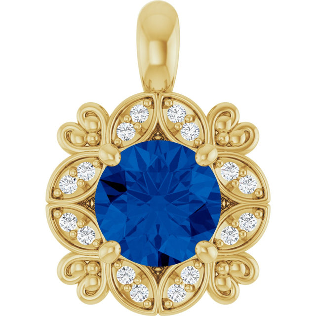 14K Gold Round Natural Blue Sapphire & Natural Diamond Halo-Style Pendant – 0.04 CTW - Yellow Gold