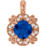 14K Gold Round Natural Blue Sapphire & Natural Diamond Halo-Style Pendant – 0.04 CTW - Rose Gold