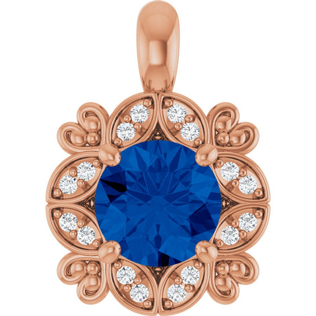 14K Gold Round Natural Blue Sapphire & Natural Diamond Halo-Style Pendant – 0.04 CTW - Rose Gold