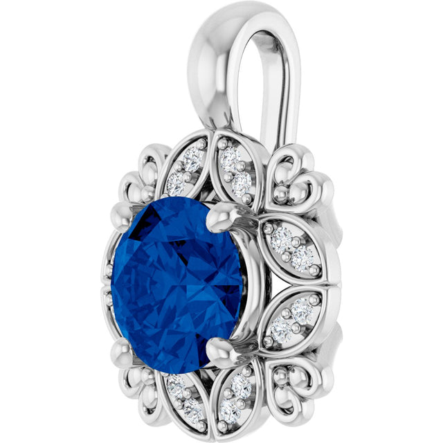 14K Gold Round Natural Blue Sapphire & Natural Diamond Halo-Style Pendant – 0.04 CTW - White Gold - view 2