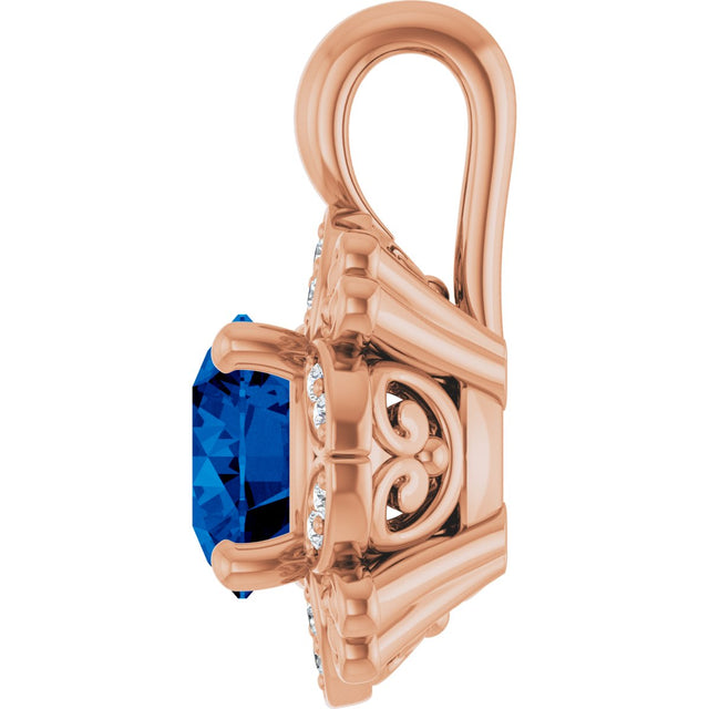 14K Gold Round Natural Blue Sapphire & Natural Diamond Halo-Style Pendant – 0.04 CTW - Rose Gold - view 3