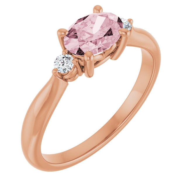 14K Gold Oval Natural Pink Morganite & Natural Diamond Accented Ring II - Rose Gold